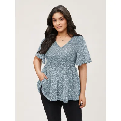 Bloomchic Women's Plus Size Ditsy Floral Shirred Ruffle Sleeve Elastic Waist Blouse Lightblue Ditsy Floral Ele In Blue