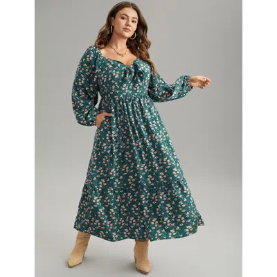 Bloomchic Women's Plus Size Ditsy Floral Square Neck Elastic Waist Ties Dress Teal Dailywear Elastic Cuffs 26/ In Blue