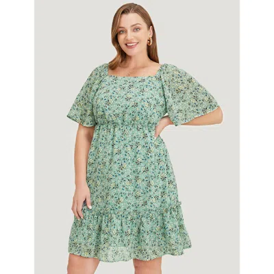Bloomchic Women's Plus Size Ditsy Floral Square Neck Frill Trim Pocket Ruffle Hem Dress Mint Dailywear Lined 2 In Green