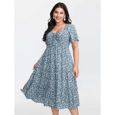 Bloomchic Women's Plus Size Ditsy Floral Sweetheart Drawstring Pocket Tiered Dress Aegean Ditsy Floral Tunic E In Blue