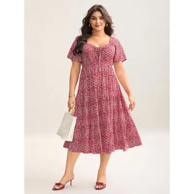 Bloomchic Women's Plus Size Ditsy Floral Sweetheart Drawstring Pocket Tiered Dress Burgundy Ditsy Floral Tunic