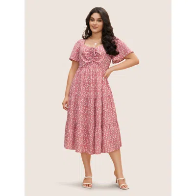 Bloomchic Women's Plus Size Ditsy Floral Sweetheart Drawstring Pocket Tiered Dress Dustypink Ditsy Floral Tuni In Pink