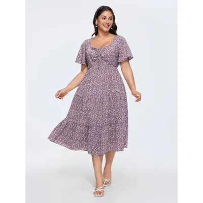 Bloomchic Women's Plus Size Ditsy Floral Sweetheart Drawstring Pocket Tiered Dress Heather Ditsy Floral Tunic  In Gray