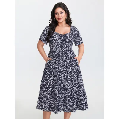 Bloomchic Women's Plus Size Ditsy Floral Sweetheart Drawstring Pocket Tiered Dress Indigo Ditsy Floral Tunic E In Purple
