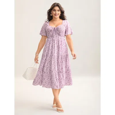Bloomchic Women's Plus Size Ditsy Floral Sweetheart Drawstring Pocket Tiered Dress Lavender Ditsy Floral Tunic In Purple