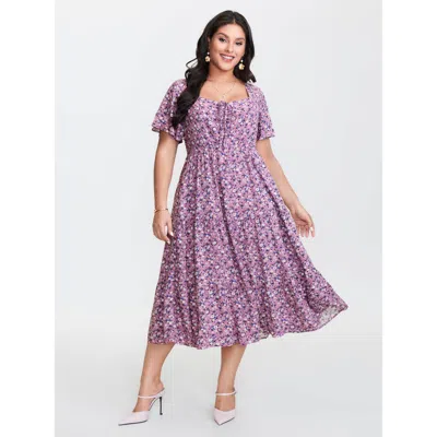 Bloomchic Women's Plus Size Ditsy Floral Sweetheart Drawstring Pocket Tiered Dress Lilac Ditsy Floral Tunic El In Purple