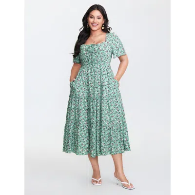 Bloomchic Women's Plus Size Ditsy Floral Sweetheart Drawstring Pocket Tiered Dress Mint Ditsy Floral Tunic Ele In Green