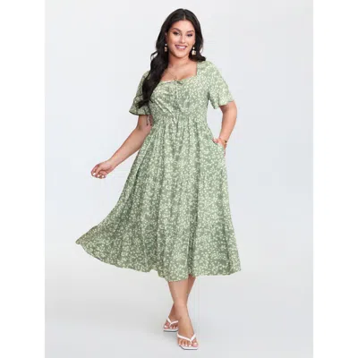 Bloomchic Women's Plus Size Ditsy Floral Sweetheart Drawstring Pocket Tiered Dress Sage Ditsy Floral Tunic Ele In Green