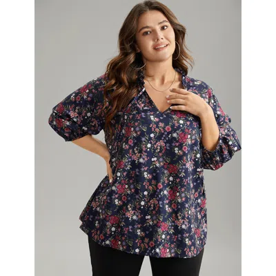 Bloomchic Women's Plus Size Ditsy Floral Tie Neck Elastic Cuffs Blouse Indigo Dailywear 3/4 Sleeve 10/m In Purple