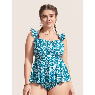 Bloomchic Women's Plus Size Ditsy Floral Tiered Ruffles One Piece Swimsuit Teal Ditsy Floral Gathered Adaptive In Blue