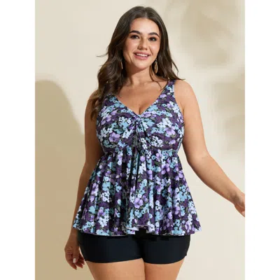 Bloomchic Women's Plus Size Ditsy Floral Ties Adjustable Ruched Swim Top Eggplant Floral Sleeveless Lace-up Ad In Purple