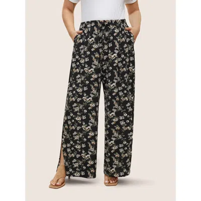 Bloomchic Women's Plus Size Ditsy Floral Ties Split Hem Wide Leg Pants Blackflower Ditsy Floral Straight Fit H