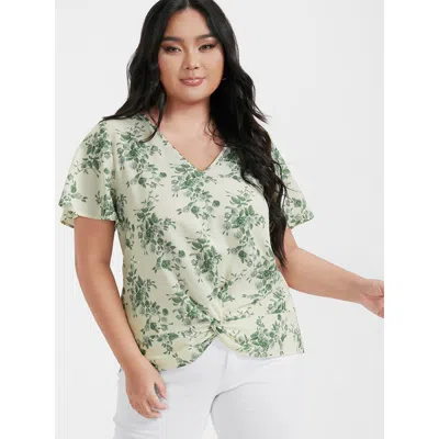 Bloomchic Women's Plus Size Ditsy Floral Twist-front Flutter V Neck Blouse Apricot Ditsy Floral Dailywear Shor In Orange