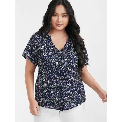 Bloomchic Women's Plus Size Ditsy Floral V Neck Button Blouse Darkblue Ditsy Floral Dailywear Short Sleeve 10/ In Blue