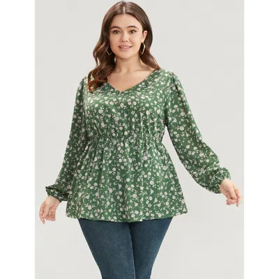Bloomchic Women's Plus Size Ditsy Floral V Neck Lantern Sleeve Blouse Green Ditsy Floral Dailywear Long Sleeve