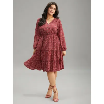Bloomchic Women's Plus Size Ditsy Floral V Neck Lantern Sleeve Ruffle Layered Hem Dress Scarlet Dailywear Elas In Red
