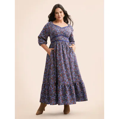 Bloomchic Women's Plus Size Ditsy Floral Woven Ribbon Maxi Dress Darkblue Ditsy Floral Midi Elegant Lace Trim  In Blue