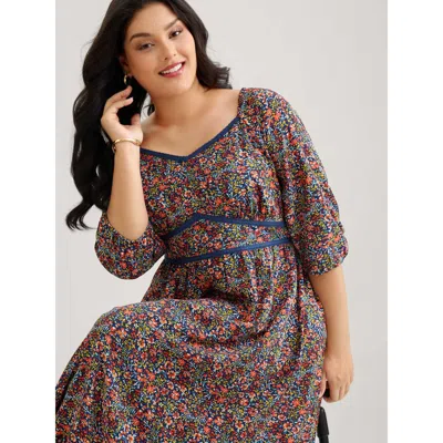Bloomchic Women's Plus Size Ditsy Floral Woven Ribbon Maxi Dress Navy Ditsy Floral Midi Elegant Lace Trim 10/m In Blue
