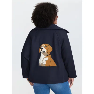 Bloomchic Women's Plus Size Dog Embroidered Zipper Collar Jacket Navy Embroidered Straight Fit 12/l In Blue