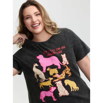 Bloomchic Women's Plus Size Dogs Print Snow-wash T-shirt Black Animal Motif Casual Half Sleeve 12/l