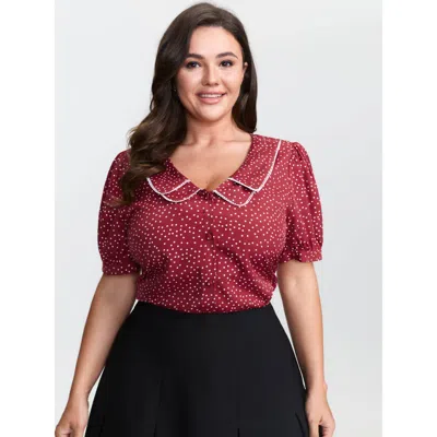 Bloomchic Women's Plus Size Doll Collar Retro Polka Dots Blouse Scarlet Polka Dots Elegant Short Sleeve 10/m In Red
