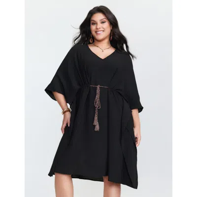 Bloomchic Women's Plus Size Dolman Sleeve Colorful Drawstring Waist Mini Dress Black Non Knee Vacation Tassels