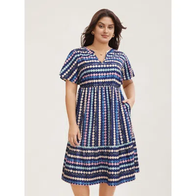 Bloomchic Women's Plus Size Dot Print Elastic Waist Split Neck Mini Dress Indigo Stripes Midi Casual Non 10/m In Purple