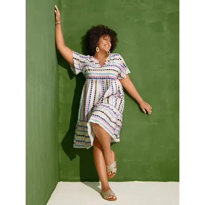 Bloomchic Women's Plus Size Dot Print Elastic Waist Split Neck Mini Dress Whitesmoke Stripes Midi Casual Non 1
