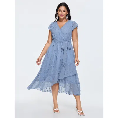 Bloomchic Women's Plus Size Dot Textured Asymmetrical Ruffled Hem Midi Dress Lightblue Else Maxi Elegant Cable In Blue