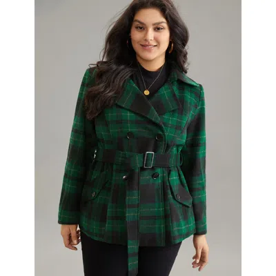 Bloomchic Women's Plus Size Double Breasted Lapel Collar Pocket Belted Jacket Darkgreen Belted 14-16/1x In Green