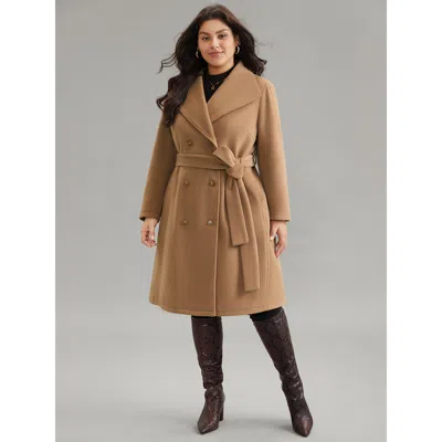 Bloomchic Women's Plus Size Double Breasted Plain Belted Pocket Lapel Collar Coat Tan Lined 10/m In Brown
