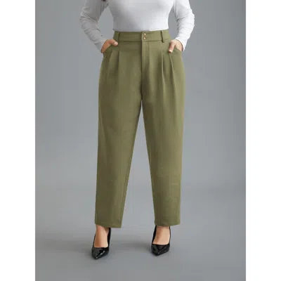 Bloomchic Women's Plus Size Double Buckle Straight Leg Pants Armygreen Solid Barrel High Rise Office 10/m