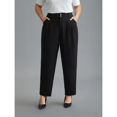 Bloomchic Women's Plus Size Double Buckle Straight Leg Pants Black Solid Barrel High Rise Office 10/m