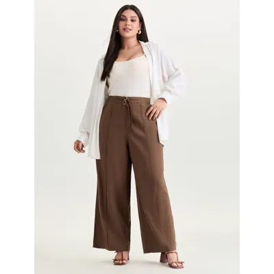 Bloomchic Women's Plus Size Double Buckle Waist Straight-leg Pants Darkbrown Solid Straight Fit Mid Rise Offic In Brown