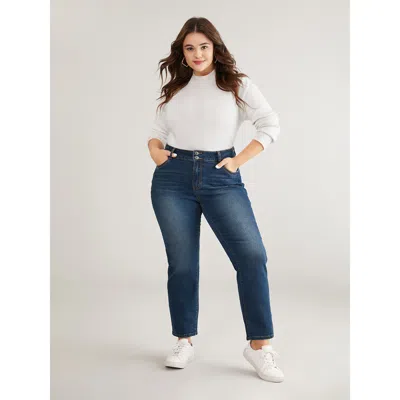 Bloomchic Women's Plus Size Double Button Detail Straight Leg Jeans Blue Plain Plain High Stretch 10/m