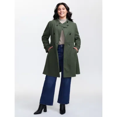 Bloomchic Women's Plus Size Double Button Pocket Solid Coat Darkgreen Button A-line 10/m In Green