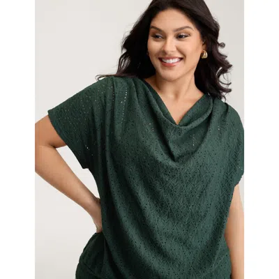 Bloomchic Women's Plus Size Draped Neckline Textured Button Back Blouse Darkgreen Solid Elegant Short Sleeve C In Green
