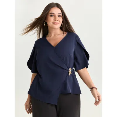 Bloomchic Women's Plus Size Draped Side Buckle Petal Sleeve Blouse Indigo Office V-neck 14-16/1x In Purple