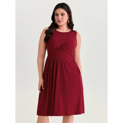 Bloomchic Women's Plus Size Draped Sleeveless Pleated Mini Dress Crimson Solid Maxi Elegant Smocked 10/m In Red