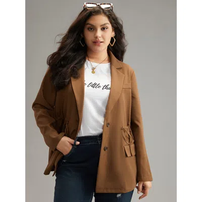 Bloomchic Women's Plus Size Drawstring Flap Pocket Blazer Bronze Plain Plain Sleeve Long Sleeve 12/l In Brown