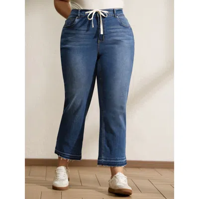 Bloomchic Women's Plus Size Drawstring Frayed Hem Straight-leg Jeans Denimindigo Colorblock Straight Fit High 
