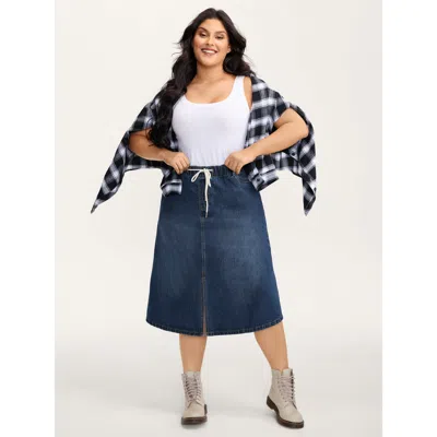 Bloomchic Women's Plus Size Drawstring Front Slit Stretchy Waist Midi Denim Skirt Bluevintage Elastic Waist Ca