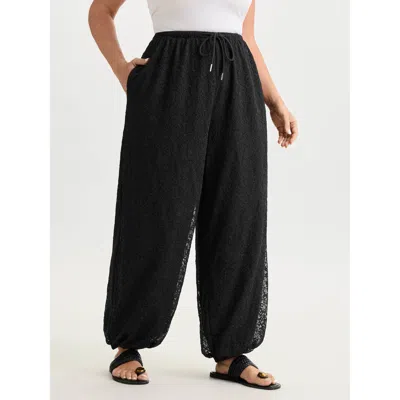 Bloomchic Women's Plus Size Drawstring Lace Trim Straight-leg Pants Black Solid Jogger Mid Rise Vacation 22-24