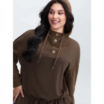 Bloomchic Women's Plus Size Drawstring Mixed Material Button Hoodie Darkbrown Casual 22-24/3x In Brown