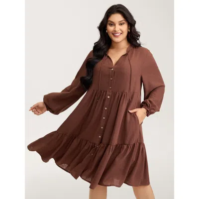 Bloomchic Women's Plus Size Drawstring Neck Tiered Balloon Sleeve Midi Dress Maroon Non Knee Vacation Elastic  In Burgundy