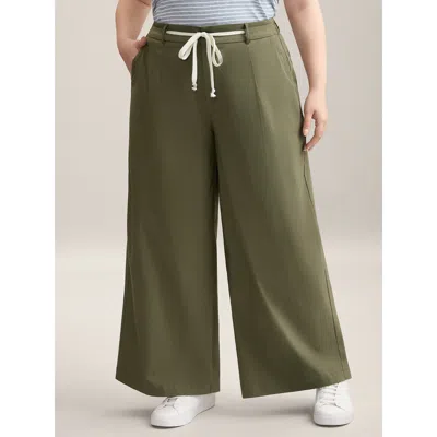 Bloomchic Women's Plus Size Drawstring Pockets Wide-leg Pants Armygreen Non Wide Leg Mid Rise Casual 10/m