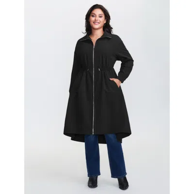 Bloomchic Women's Plus Size Drawstring Pockets Zipper Long Jacket Black Texture X-line 10/m