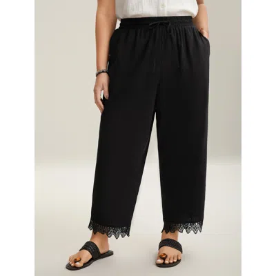 Bloomchic Women's Plus Size Drawstring Scalloped Lace Hem Pants Black Solid Straight Fit Mid Rise Casual 10/m
