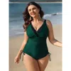 Bloomchic Women's Plus Size Drawstring Side Surplice Neck Adjustable One-piece Swimsuit Darkgreen Solid Ruched In Green
