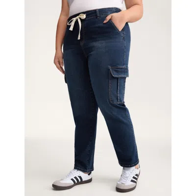 Bloomchic Women's Plus Size Drawstring Straight-leg Cargo Jeans Bluevintage Elastic Waist Straight Fit High St